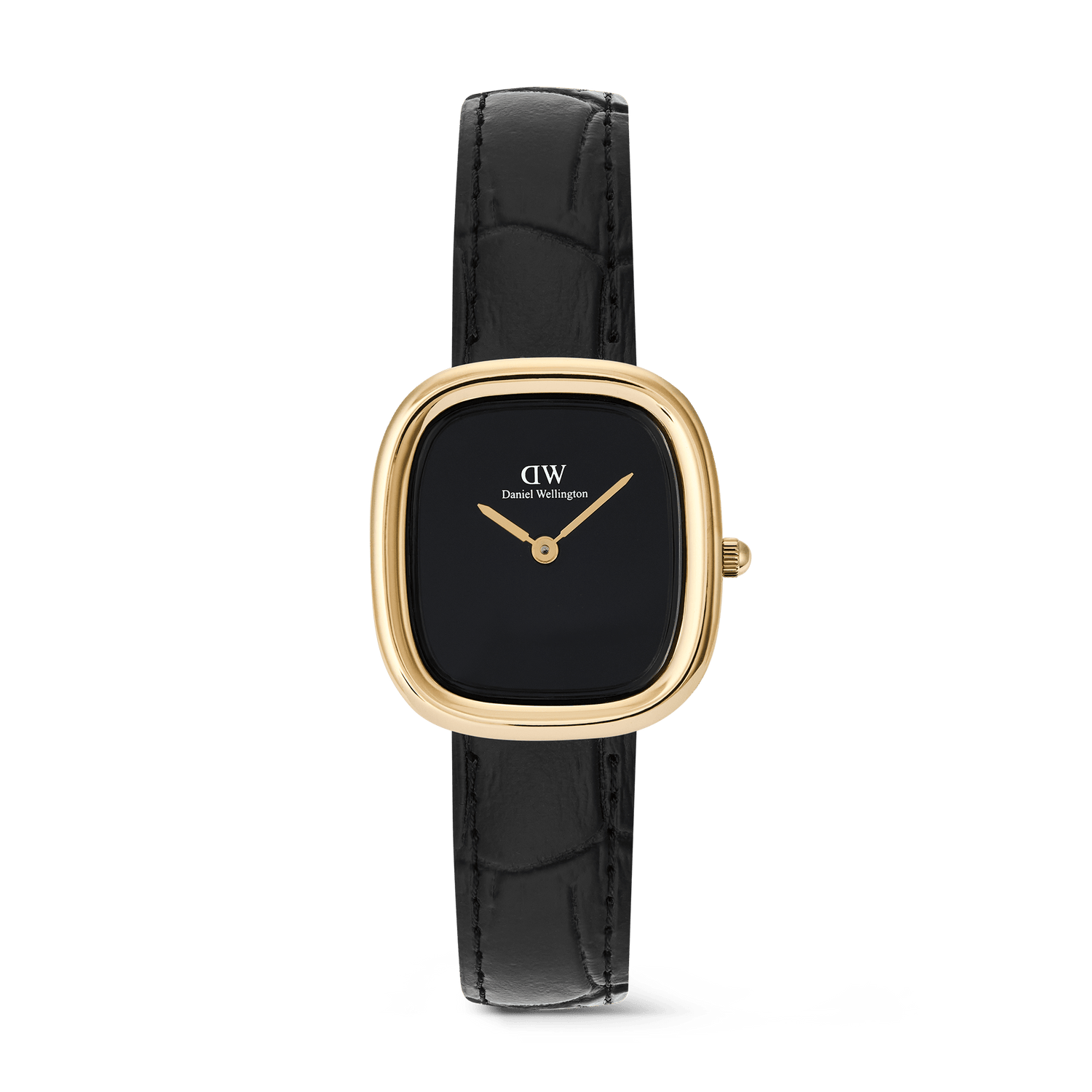 Elegant women's watch with a rounded square gold case, minimalist black ceramic dial, and a genuine black Croco leather strap, designed for a refined and contemporary look.