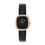 Elegant women's watch with a rounded square gold case, minimalist black ceramic dial, and a genuine black Croco leather strap, designed for a refined and contemporary look.