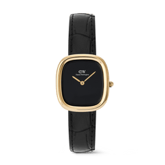 Elegant women's watch with a rounded square gold case, minimalist black ceramic dial, and a genuine black Croco leather strap, designed for a refined and contemporary look.
