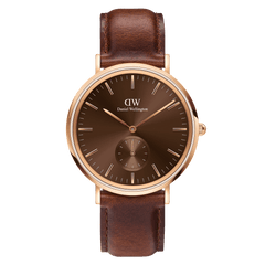 Classic Multi-Eye St Mawes Amber Rose Gold men’s watch with an amber dial, rose gold stainless steel case, minimalist hour markers, and a brown leather strap.
