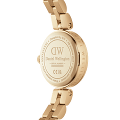 Back view of the Elan Lumine Unitone Gold women’s watch, showing the engraved Daniel Wellington logo, stainless steel case, and gold 3-link bracelet.