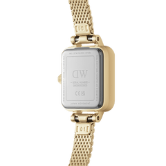Back view of Quadro Mini Evergold Amber watch showing stainless steel case, gold mesh strap, and engraved details.