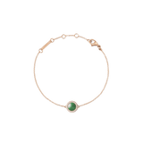 Rose gold bracelet with a central green jade stone, surrounded by white cubic zirconia and an adjustable fine chain.