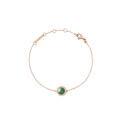 Rose gold bracelet with a central green jade stone, surrounded by white cubic zirconia and an adjustable fine chain.