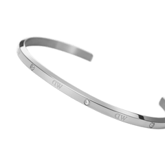 Classic Lumine Bracelet S in polished silver-tone stainless steel, featuring a slim open cuff design with six sparkling crystals and subtle engraved detailing.