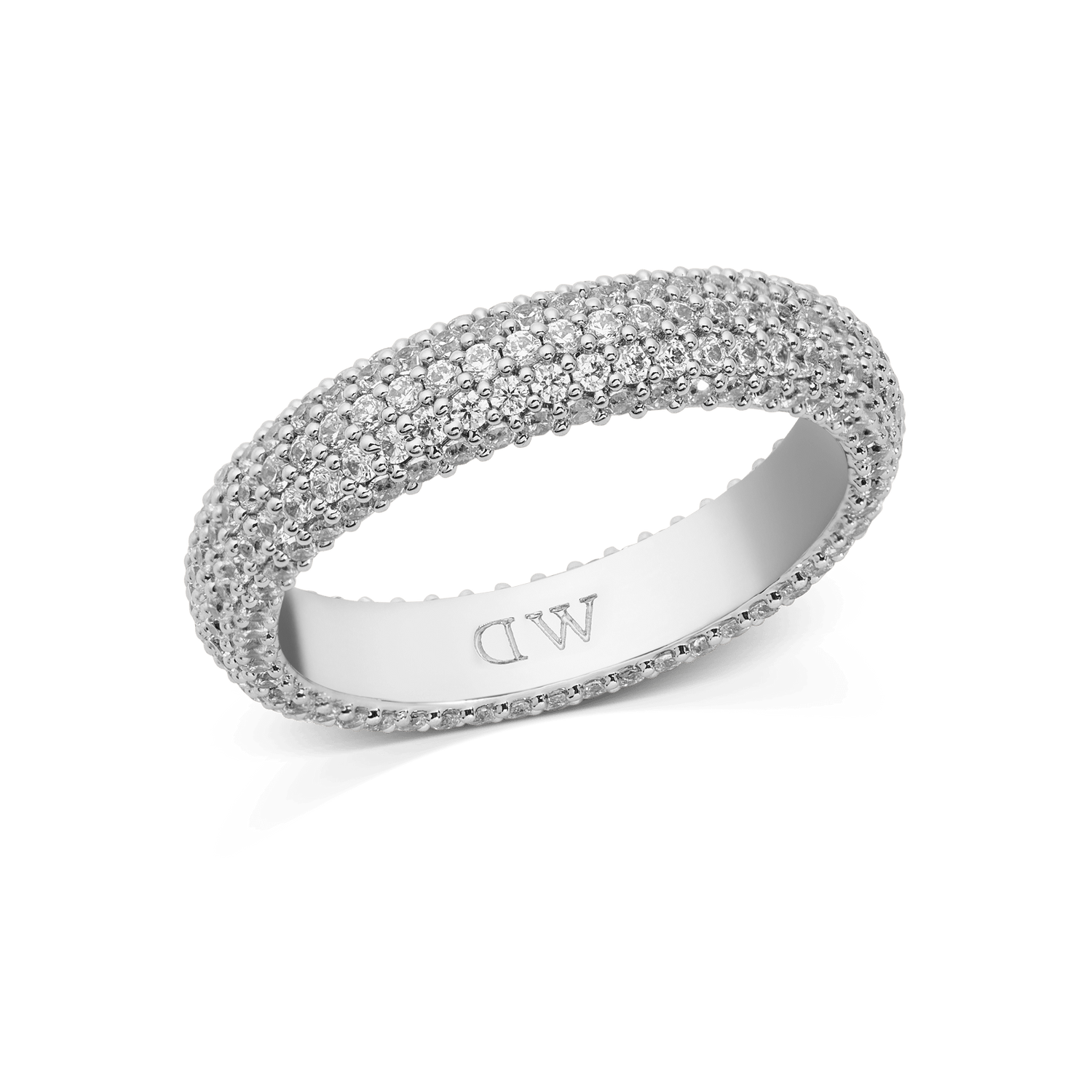 Silver pavé ring with a 5 mm band, featuring rows of closely set white cubic zirconia crystals for a brilliant, sparkling finish, and an engraved 