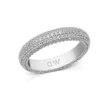 Silver pavé ring with a 5 mm band, featuring rows of closely set white cubic zirconia crystals for a brilliant, sparkling finish, and an engraved "DW" logo on the inside.