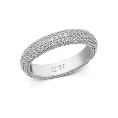 Silver pavé ring with a 5 mm band, featuring rows of closely set white cubic zirconia crystals for a brilliant, sparkling finish, and an engraved "DW" logo on the inside.