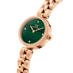 Close-up of the Elan Lumine Malachite Rose Gold watch featuring a green malachite dial with crystal hour markers and a polished rose gold bracelet.