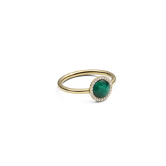 Audrey Ring Malachite Gold featuring a domed green malachite centre and pavé cubic zirconia halo on a slim gold band.