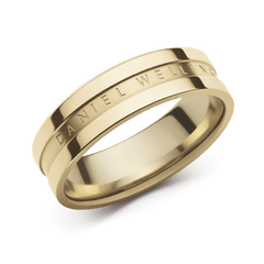 Polished gold-tone Elan Ring crafted from 316L stainless steel with PVD gold plating, featuring a smooth band and subtle engraved Daniel Wellington logo for a refined, minimalist look.