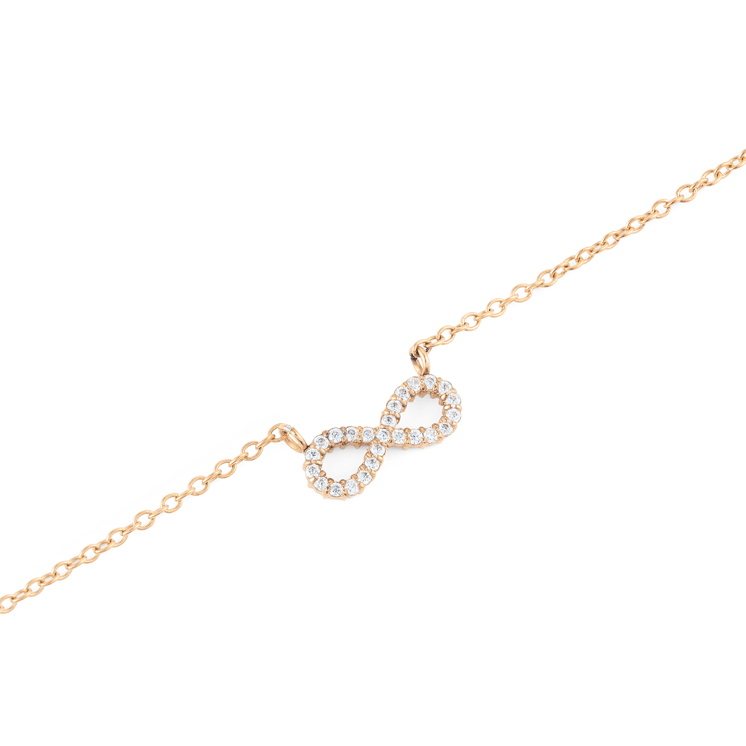 Close-up of the Mirelle Infinity Necklace Rose Gold, featuring a delicate rose gold chain and an infinity pendant adorned with white cubic zirconia crystals for a refined, sparkling finish.