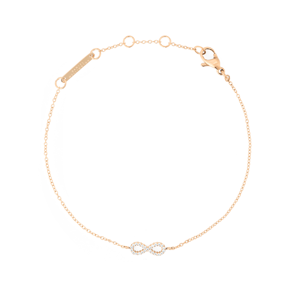 Delicate rose gold bracelet featuring a fine adjustable chain and a sparkling infinity symbol set with white cubic zirconia crystals, finished with a secure lobster clasp.