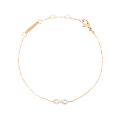 Delicate rose gold bracelet featuring a fine adjustable chain and a sparkling infinity symbol set with white cubic zirconia crystals, finished with a secure lobster clasp.