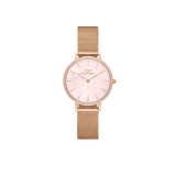Rose gold Daniel Wellington Petite Lumine Bezel Melrose Pink MOP watch featuring a pink mother of pearl dial, crystal-set bezel, and a fine mesh stainless steel strap.