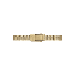Gold mesh bracelet with adjustable clasp for Quadro Mini Evergold Amber watch, featuring Daniel Wellington engraving.