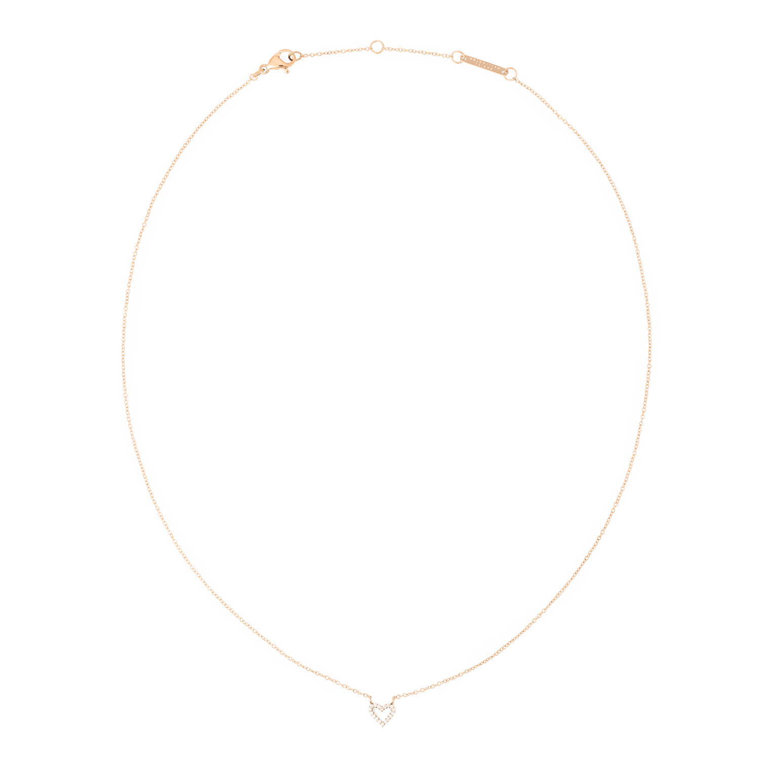 Rose gold necklace with a fine adjustable chain, featuring a delicate heart-shaped pendant set with white cubic zirconia crystals. The lightweight design highlights the pendant’s subtle sparkle, offering an elegant and versatile jewellery piece.