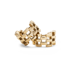 Pair of gold 5-link earrings featuring a geometric, interlocking design with a polished finish inspired by classic watch straps.