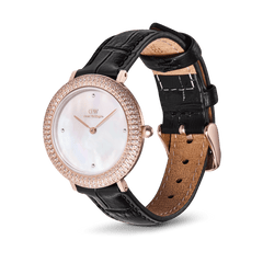 Crystalline Bezel Black Croc Rose Gold women's watch with a mother of pearl dial, rose gold case set with sparkling cubic zirconia, and a black crocodile-embossed leather strap.