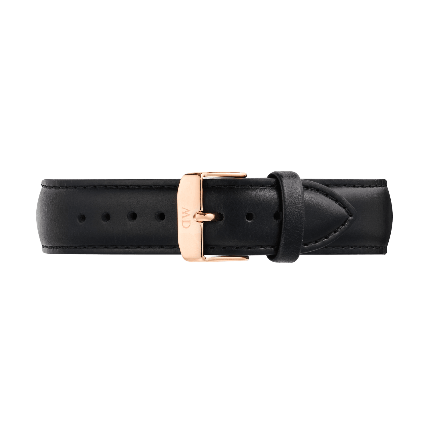 Black leather watch strap with a tapered design, detailed stitching, and a rose gold PVD-plated stainless steel pin buckle engraved with the Daniel Wellington logo. The strap features a smooth, supple finish and a quick-release connector for easy attachment.