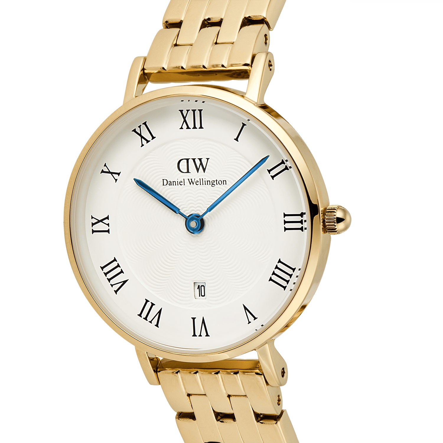 Close-up of the Petite Roman Numerals Date 5-link Gold watch, showcasing its gold five-link bracelet, white guilloché dial with black Roman numerals, blue hands, and date display at 6 o’clock.