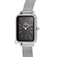 Close-up of the Quadro Crystal Zodiac Sterling Set watch, showcasing its rectangular silver case with a crystal-set bezel, black mother of pearl dial, and an elegant silver mesh strap.