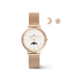 Rose gold watch with a white dial featuring a moon phase detail and a mesh strap, paired with a delicate moon-shaped stud and a sparkling star earring, both in a celestial-inspired design.