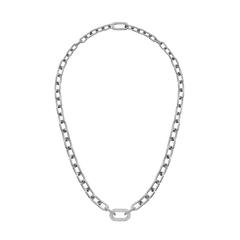 Chunky silver chain necklace featuring bold industrial links and a central link adorned with sparkling cubic zirconia crystals, crafted from stainless steel with a polished rhodium-plated finish.