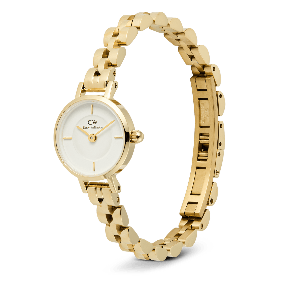 Petite Mini Arch 3-link White Gold watch shown at an angle, featuring a slim round white dial, minimalist gold indices, and a polished rose gold arched 3-link bracelet with a button-less butterfly clasp.