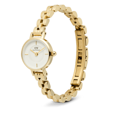 Petite Mini Arch 3-link White Gold watch shown at an angle, featuring a slim round white dial, minimalist gold indices, and a polished rose gold arched 3-link bracelet with a button-less butterfly clasp.