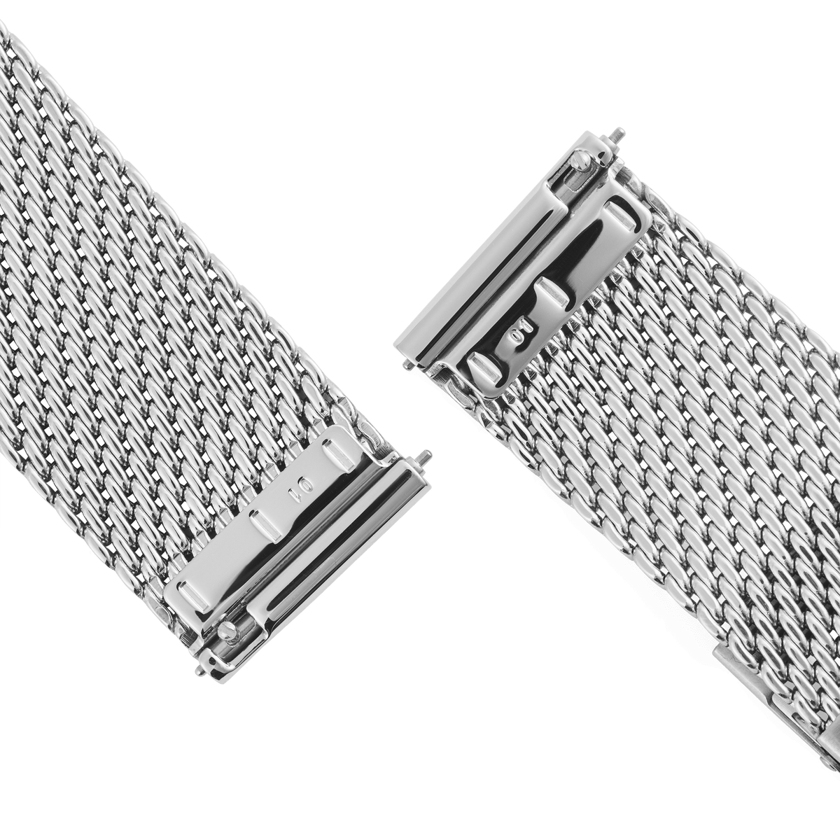 Close-up of the Mesh Sterling Strap Silver showing the polished woven mesh and spring bar connectors, highlighting its easy-to-change design and secure fit for compatible watches.