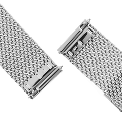Close-up of the Mesh Sterling Strap Silver showing the polished woven mesh and spring bar connectors, highlighting its easy-to-change design and secure fit for compatible watches.