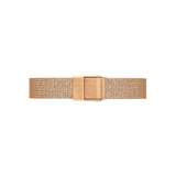 Rose gold mesh watch strap with a slim 10mm profile, featuring a secure fold-over clasp and finely woven stainless steel for a sophisticated, breathable finish.