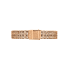 Rose gold mesh watch strap with a slim 10mm profile, featuring a secure fold-over clasp and finely woven stainless steel for a sophisticated, breathable finish.