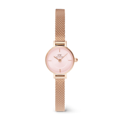 Petite Mini Blush Melrose watch with a blush pink sunray dial, rose gold 19mm case, and a fine mesh strap, designed for small wrists.