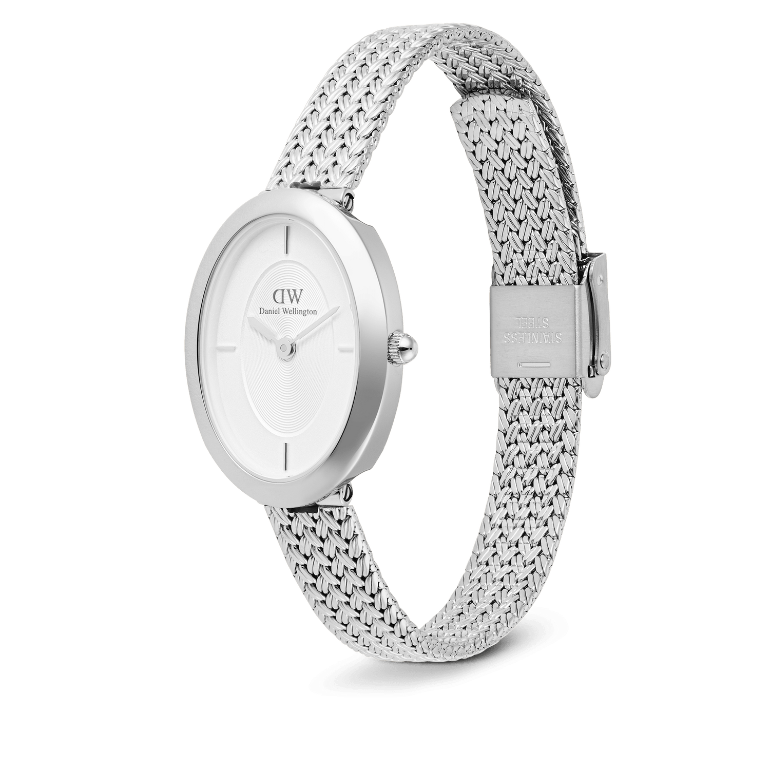 Juliette Braided Mesh White Sunray Silver watch featuring an oval stainless steel case, minimalist white sunray dial, and a finely woven adjustable mesh strap with a fold-over clasp.