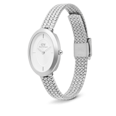 Juliette Braided Mesh White Sunray Silver watch featuring an oval stainless steel case, minimalist white sunray dial, and a finely woven adjustable mesh strap with a fold-over clasp.