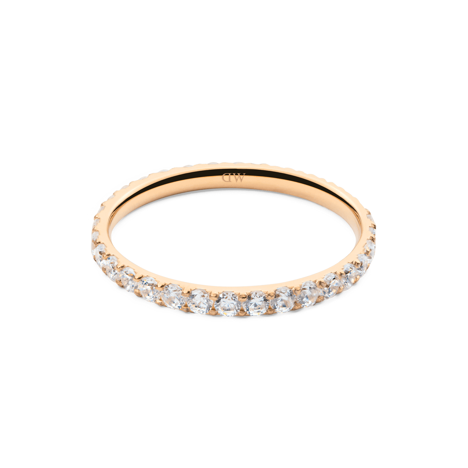 Delicate Mirelle Eternity Ring in rose gold with a slim 2mm band, featuring a full circle of white cubic zirconia crystals for a refined and timeless look.