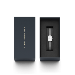 Quadro Mini Lumine Bezel Silver women’s watch with mesh strap presented in a sleek Daniel Wellington gift box.