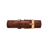 Classic St Mawes Strap in genuine light brown leather with detailed stitching and a polished rose gold buckle, suitable for both men’s and women’s watches.