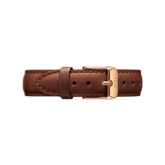 Classic St Mawes Strap in genuine light brown leather with detailed stitching and a polished rose gold buckle, suitable for both men’s and women’s watches.