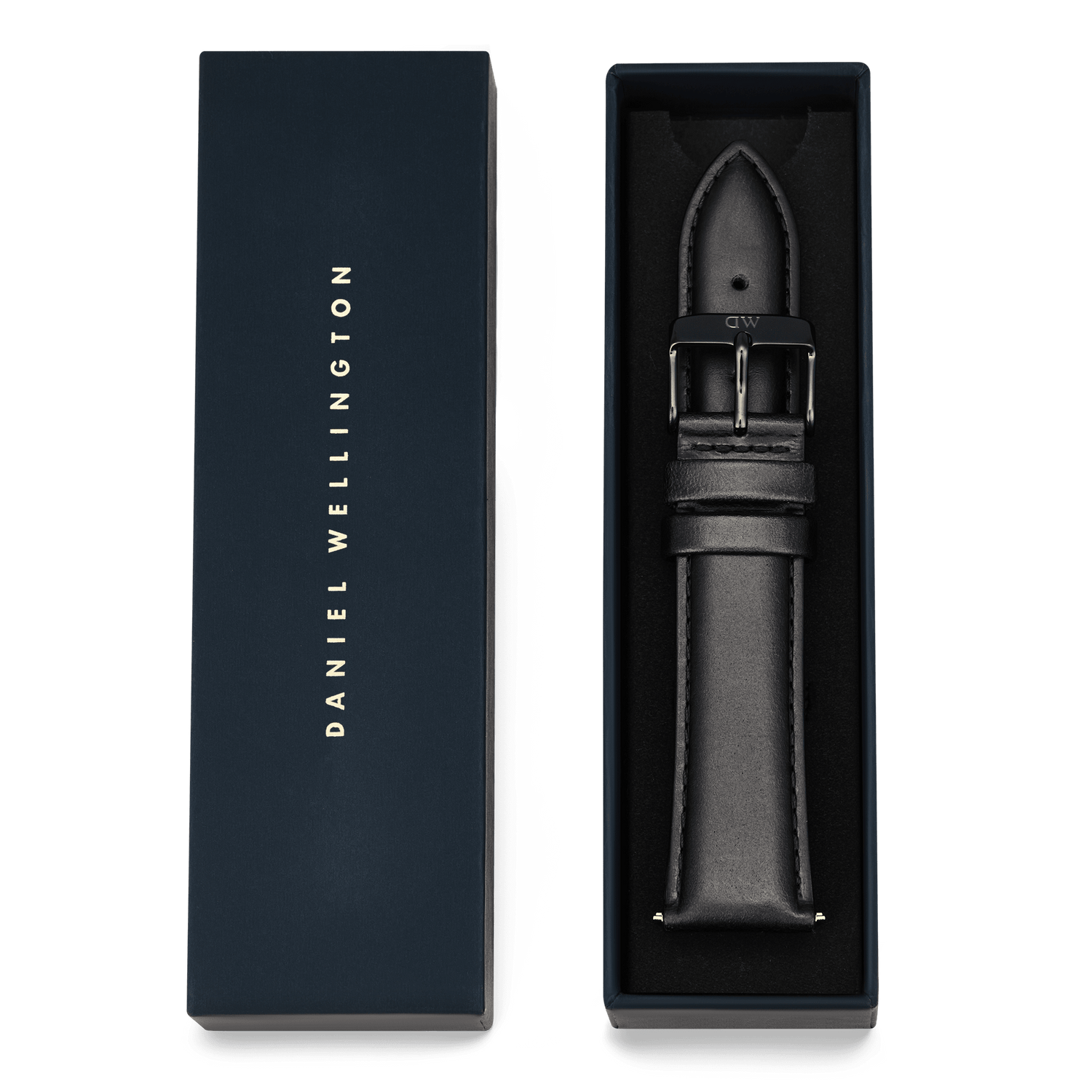 Tapered Sheffield Strap Onyx presented in a navy Daniel Wellington gift box, showcasing the black leather watch strap with onyx black stainless steel buckle and detailed stitching.