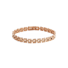 Polished rose gold bracelet featuring a distinctive three-link design with subtle gaps and a secure fold-over clasp.