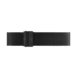 Black stainless steel mesh watch strap with a matte finish, featuring a secure folded clasp and fine woven detailing for a refined, modern look.