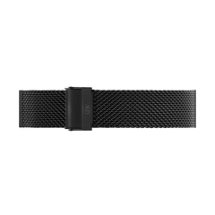 Black stainless steel mesh watch strap with a matte finish, featuring a secure folded clasp and fine woven detailing for a refined, modern look.