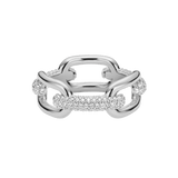Chunky silver chain ring with polished links and pavé-set cubic zirconia crystals, featuring a modern, industrial-inspired design that sparkles in the light.