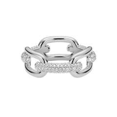 Chunky silver chain ring with polished links and pavé-set cubic zirconia crystals, featuring a modern, industrial-inspired design that sparkles in the light.