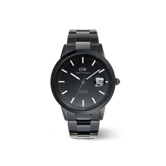 Daniel Wellington Iconic Link Automatic Black watch featuring a black enamel dial, luminous index markers, magnified date display, and a stainless steel link bracelet.