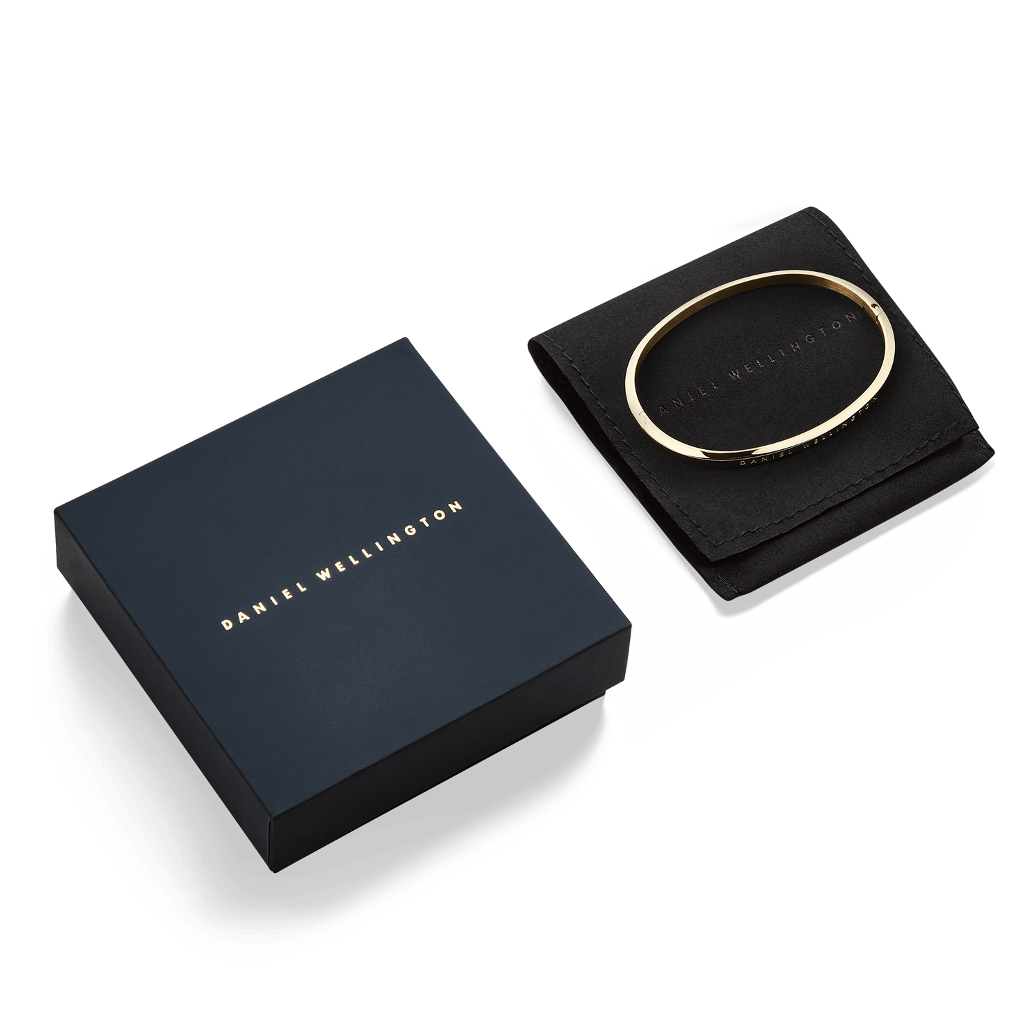 Classic Bangle Gold by Daniel Wellington displayed with its elegant black pouch and navy gift box, highlighting refined packaging and polished gold finish.