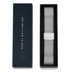 Mesh Sterling Strap Silver presented in a signature Daniel Wellington gift box, showcasing its polished woven mesh design and secure clasp for a refined and timeless watch upgrade.